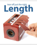 Emery cloth sandpaper roll dispenser in a red box with five grit rolls (150–600), front view