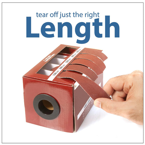 Emery cloth sandpaper roll dispenser in a red box with five grit rolls (150–600), front view
