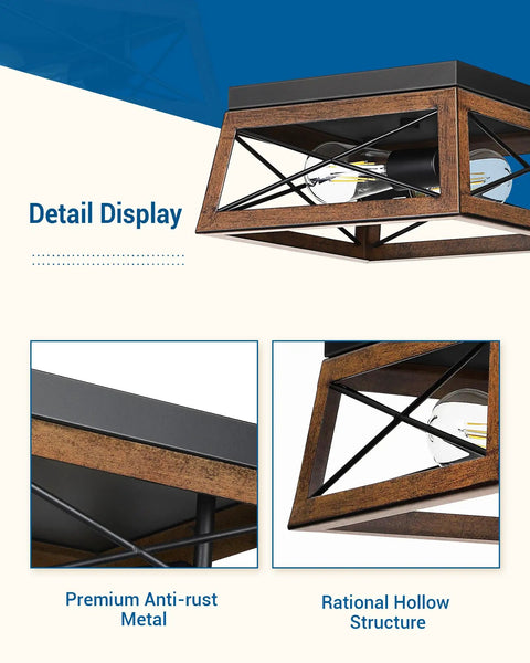 Industrial Flush Mount Ceiling Light With Two Metal Fixtures, Vintage Farmhouse Style, anti-rust metal, wood grain accent