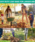 People using adjustable garden rake with 36 to 73 inch extendable handle 18 inch wide head 25 metal tines for yard cleanup