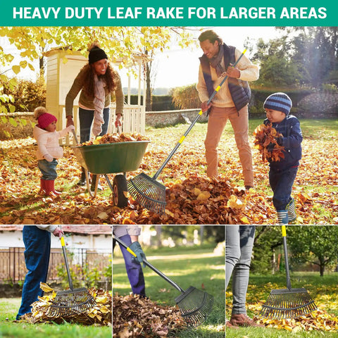 People using adjustable garden rake with 36 to 73 inch extendable handle 18 inch wide head 25 metal tines for yard cleanup