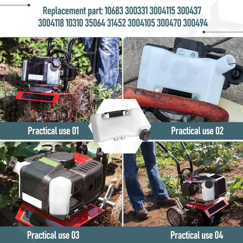 Fuel Gas Tank Kit Three Tab Style on Earthquake Mini Tillers, showcasing installation and field use for maintenance.