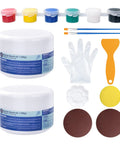 Tile And Fiberglass Tub Repair Kit For Sinks Bathtubs Toilets And Countertops With No Mess Easy Fix 3.52 Oz Adhesive shown with tools and colors