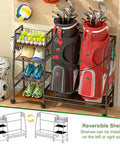 Golf Bag Storage Rack With Wheels For Garage And Home Holds 2 Golf Bags Plus Gear Ball Mesh Rack 3 Shelves Removable Hooks Retractable Strap Durable Black Organizer Stand For Club Shed Basement, displayed with golf bags and sports equipment.