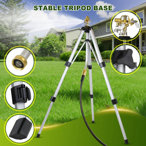 Tripod Lawn Sprinklers Pack Of 2 Heavy Duty 360 Degree Coverage for yard and garden, adjustable height tripod with hose connection