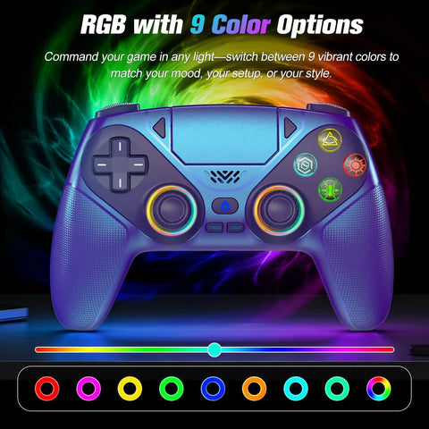 RGB Wireless Controller for PS5 and PC, Bluetooth Gamepad With Turbo, Macro, Dual Vibration, 6 Axis Motion, 3.5mm Audio Jack and 1000mAh Battery, Quick Connect and Plug and Play Across Platforms with 9 color RGB lights