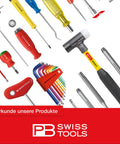Various Swiss-made hand tools, including a red ratcheting screwdriver with one hand switch and magnetic bit holder for C6 bits.