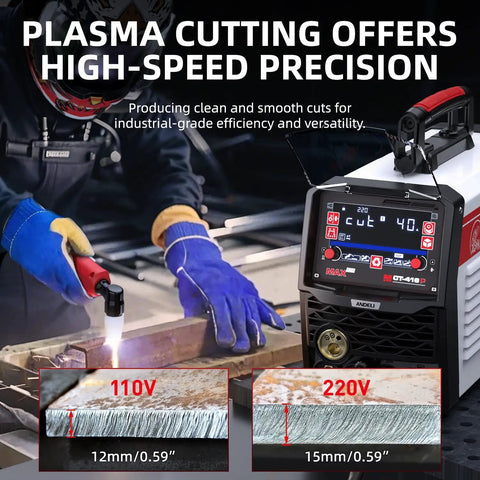 User demonstrating Six In One Plasma Cutter And Welder Combo With Dual Voltage 110V/220V, cutting metal with precision.