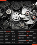 Engine Serpentine Belt Drive Kit For Chevy, GMC, Cadillac And Saab Cars, visible with pulleys and tensioners, front view