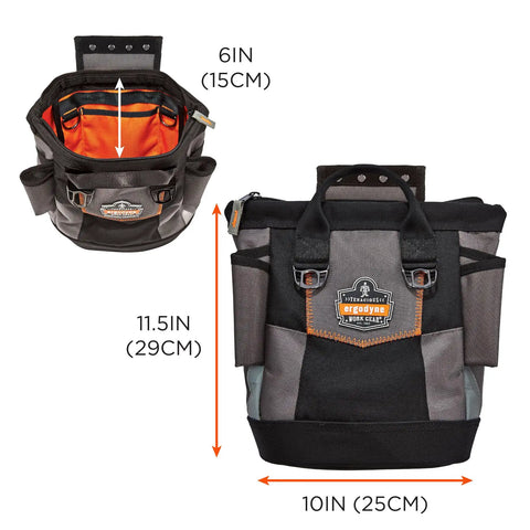 Arsenal 5517 Premium Topped Tool Pouch With Zipper for Secure Tool Storage, black, size dimensions shown, ANSI 121 2023 certified.
