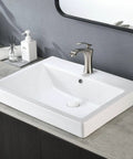 Rectangular White Porcelain Vessel Sink For Bathroom Above Counter With One Faucet Hole, Dope Sleek Glossy Finish, Durable Non Porous Surface, 23.8 Inch Length By 18.5 Inch Width, Modern Lavatory Basin For Vanity Cabinet