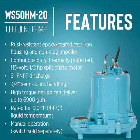 Tough As Nails Manual Effluent Pump With Half Horsepower Oil Filled Motor And Non Clog Impeller Handles Wastewater Like A Champ in blue.