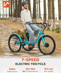 All Day Electric Tricycle For Adults 350W 7 Speed Trike With 468Wh Removable Battery 24 Inch Three Wheel E Trike For Seniors Men Women Heavy Duty 330 Lb Capacity Motorized Pedal Assist Bike, turquoise with rear basket