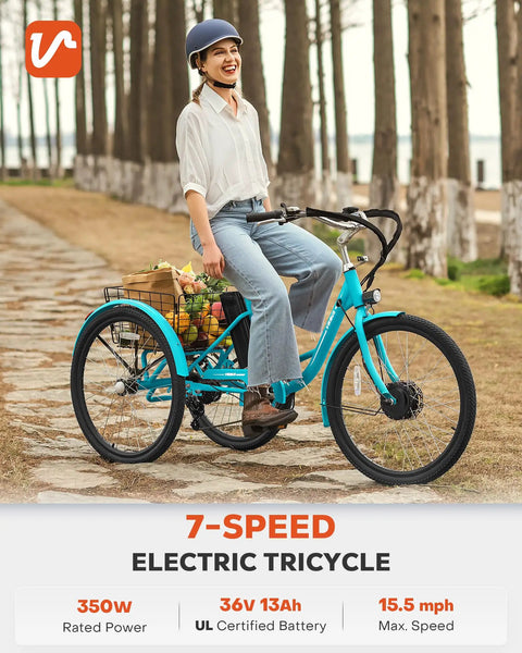 All Day Electric Tricycle For Adults 350W 7 Speed Trike With 468Wh Removable Battery 24 Inch Three Wheel E Trike For Seniors Men Women Heavy Duty 330 Lb Capacity Motorized Pedal Assist Bike, turquoise with rear basket