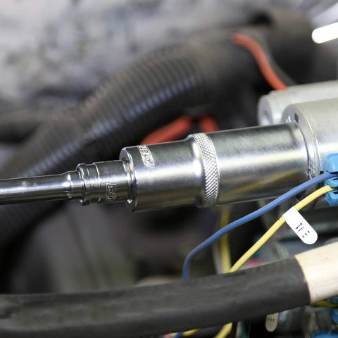 27mm Metric Deep Socket With Thin Wall Design, 6 Point, knurled grip for easy finger grab, in use for automotive maintenance