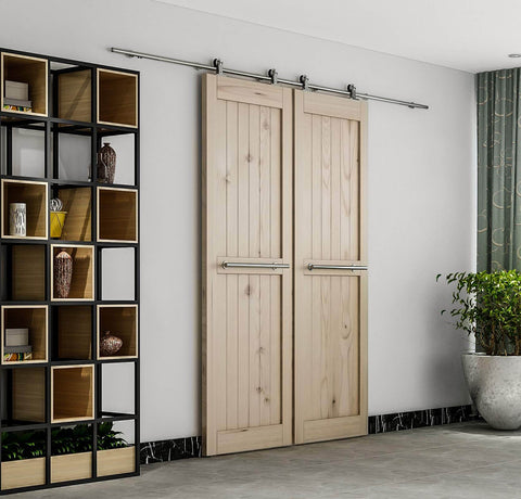 10 Foot Brushed Stainless Steel Double Sliding Barn Door Hardware Kit With Soft Close Top Mount Rollers For Indoor Bi Parting Track Fits Doors From One And Three Eighths Inches To One And Three Quarters Inches installed on wooden doors in living room.