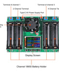 Front view of Four Channel 18650 Battery Capacity And Internal Resistance Tester with LCD display and Type-C port.