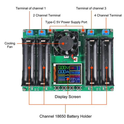 Front view of Four Channel 18650 Battery Capacity And Internal Resistance Tester with LCD display and Type-C port.