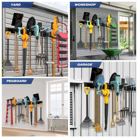 Heavy Duty Garage Storage Rack System Wall Mounted Tool Organizer with eight double hooks and three rails for garden tools