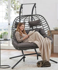 Double Egg Swing Chair With Stand For Outdoor Patio Hand Made Rattan Wicker Two Hanging Egg Chairs Hammock Chair With UV Resistant Cushions and Solid Metal Frame, Porch Loveseat For Backyard Chill.