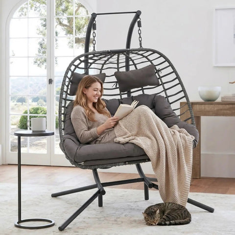 Double Egg Swing Chair With Stand For Outdoor Patio Hand Made Rattan Wicker Two Hanging Egg Chairs Hammock Chair With UV Resistant Cushions and Solid Metal Frame, Porch Loveseat For Backyard Chill.