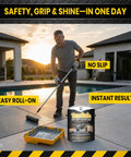 Person applying No Fumble Non Slip Concrete Color Coat, Textured Real Stone Aggregate Finish, Hella Durable All Season Traction Paint For Smooth Indoor Floors And Outdoor Walkways, Graphite Gray 1 Gallon.
