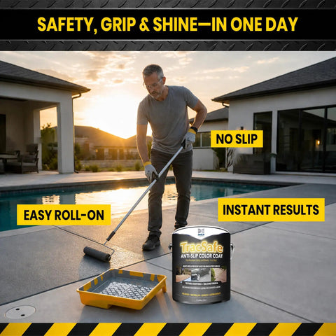 Person applying No Fumble Non Slip Concrete Color Coat, Textured Real Stone Aggregate Finish, Hella Durable All Season Traction Paint For Smooth Indoor Floors And Outdoor Walkways, Graphite Gray 1 Gallon.