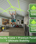 Interior of Beefy Heavy Duty Metal Storage Shed Outdoor Carport With Double Doors, Side Door And Windows, showing stability and space.