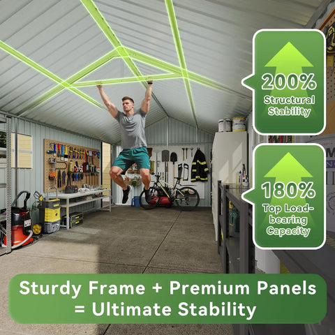 Interior of Beefy Heavy Duty Metal Storage Shed Outdoor Carport With Double Doors, Side Door And Windows, showing stability and space.