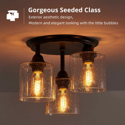 3 Light Industrial Semi Flush Mount Ceiling Light In Bronze Finish With Seeded Glass Shades Sleek Modern Fixture For Kitchen Hallway Entryway Bedroom And Foyer.