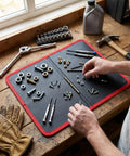 Magnetic Tool Mat With 40 Lb Holding Power 9.6x11 Inch Foldable Parts Holder Pad Oil PVC Coating For Auto Repair Garage Organization And Workshop Use Keeps Wrenches Bolts And Screws Secure on workbench with tools and fasteners