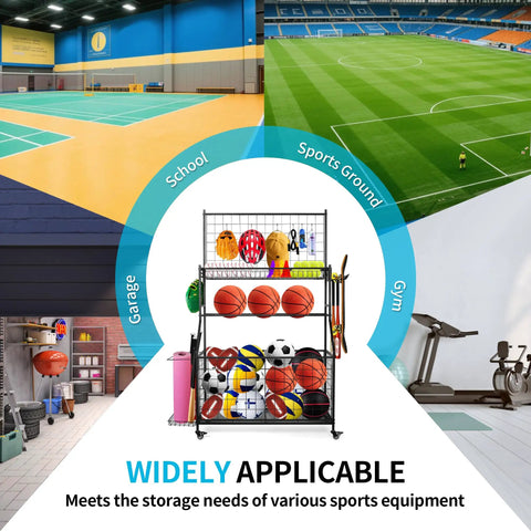 All In One Garage Gear Organizer With Rolling Cart Ball Rack Hooks Bins And Wire Basket for various sports settings