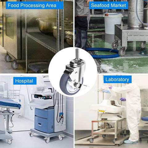 Heavy Duty Four Inch Stainless Steel Caster Wheels Built Tough With Side Lock Brake, shown in various work environments.
