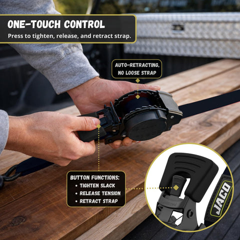 Auto Self Retracting Ratchet Straps 1 Inch By 15 Feet 4 Pack Heavy Duty Cargo Tie Down Straps in use with one-touch control
