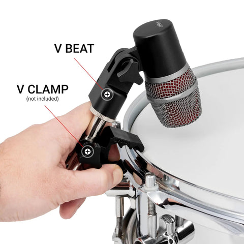 V Beat Drum Microphone Compact Dynamic Supercardioid Mic For Tom And Snare With Adjustable Swivel Mount, shown on drum.
