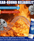 Image depicting All Purpose Marine Grade Grease Tube Built To Last For Steering Cables, U Joints, Wheel Bearings, Throttle And Shift Cables, Waterproof Shield, Extreme Pressure Tough Formula, 50G with temperature icons and gear illustration against fiery background.