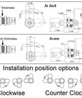Diagram of Tubular Cam Lock Set With Keyed Alike Removable Keys, showing dimensions, installation options, and fitting thickness.