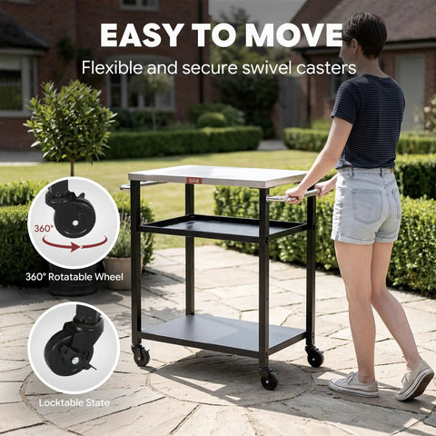 Person moving Three Tier Outdoor Grill Cart With Rolling Pizza Oven Table And Stainless Steel Top 26.6 By 16.1 Inches Heavy Duty Steel Stand For Pizza Ovens And Griddles Outdoor Bar Cart With S Hooks For Patio Parties Deck Dining And Camping on patio with swivel casters
