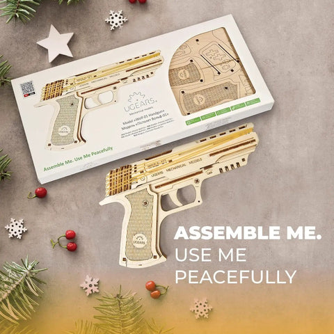 Wolf 01 Handgun 3D Puzzle Rubber Band Gun Mechanical Model Kit For DIY Wood Build, Collectible Hobby Craft, Brain Teaser Puzzle With 60 Rubber Bands, Fires Up To 5 Per Round, 10 Meter Range, Secret Handle Compartment, Torch Mount, wooden pistol kit box