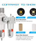 Contrast of materials in One Inch NPT Compressed Air Filter Regulator Lubricator Combo With Water And Oil Trap Separator Gauge Zero