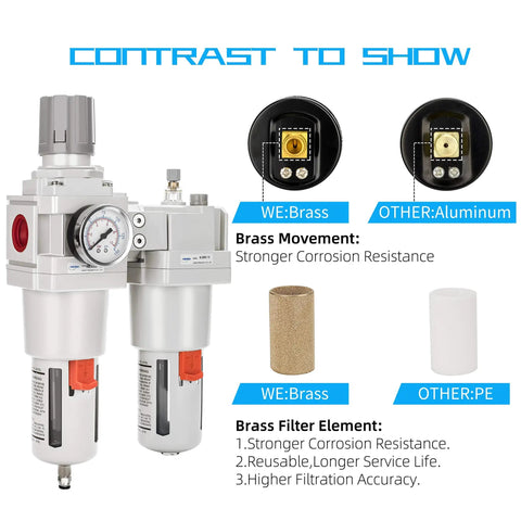 Contrast of materials in One Inch NPT Compressed Air Filter Regulator Lubricator Combo With Water And Oil Trap Separator Gauge Zero