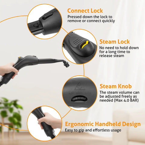 Close-up of Heavy Duty Handheld Steam Cleaner For Spotless Home Cleaning, showcasing its ergonomic design and steam controls.