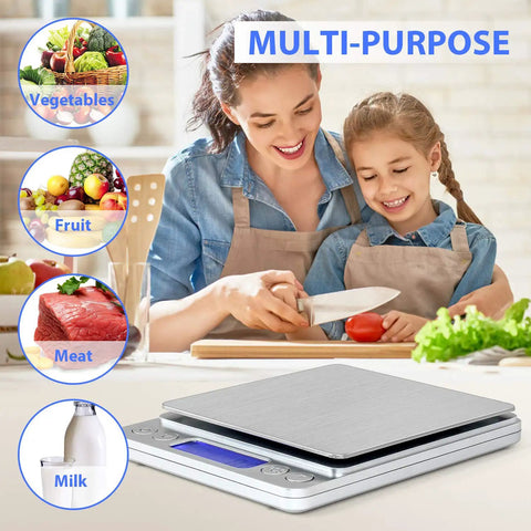 Rechargeable Kitchen Scale With Trays, Ultra Precise 3000g/0.1g Digital Food Scale next to mother and daughter cooking