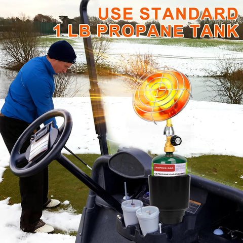 Portable Propane Golf Cart Heater For Outdoor Use, Fits Cup Holder, installed in golf cart, providing warmth on cold course