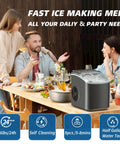 Portable Countertop Ice Maker With Self Cleaning Function Delivers 26 Lbs Per Day In 6 Minutes For Bullet Ice Cubes Quiet Operation Ideal For Home Office Kitchen With Scoop And Basket on a dining table