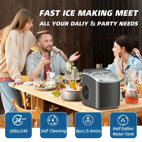 Portable Countertop Ice Maker With Self Cleaning Function Delivers 26 Lbs Per Day In 6 Minutes For Bullet Ice Cubes Quiet Operation Ideal For Home Office Kitchen With Scoop And Basket on a dining table