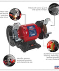 Workhorse 150Mm Bench Grinder Equipped With A Beefy 450W Induction Motor Dual Grinding Wheels And Heavy Steel Wire Brush Engineered For Rough Job Site Tasks And Snappy Edge Resharpening with spark guards and induction motor.