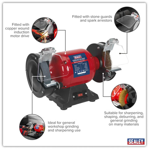 Workhorse 150Mm Bench Grinder Equipped With A Beefy 450W Induction Motor Dual Grinding Wheels And Heavy Steel Wire Brush Engineered For Rough Job Site Tasks And Snappy Edge Resharpening with spark guards and induction motor.