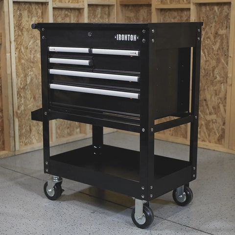 Side view of 30-Inch 5-Drawer Mechanic's Tool Cart With Rolling Workstation and Built-In Toolbox, heavy-duty steel design.