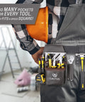 Person wearing Oil Tanned Leather Tool Belt Rig For Carpenters And Handymen With 8 Pockets And 4 Hammer Loops